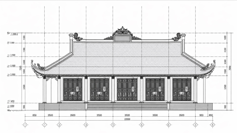 Bản vẽ kích thước tổng thể của nhà gỗ 5 gian