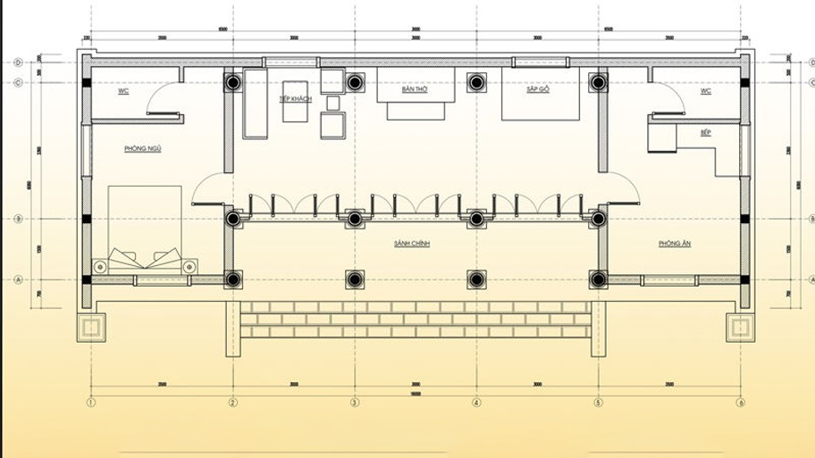 Bản vẽ mặt bằng nhà gỗ 3 gian chi tiết