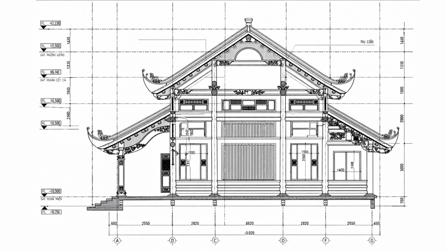 Bản vẻ mặt bên nhà gỗ 5 gian