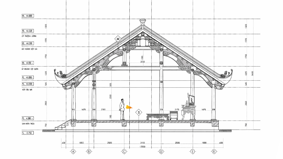 Bản vẽ mặt đứng của nhà gỗ 3 gian