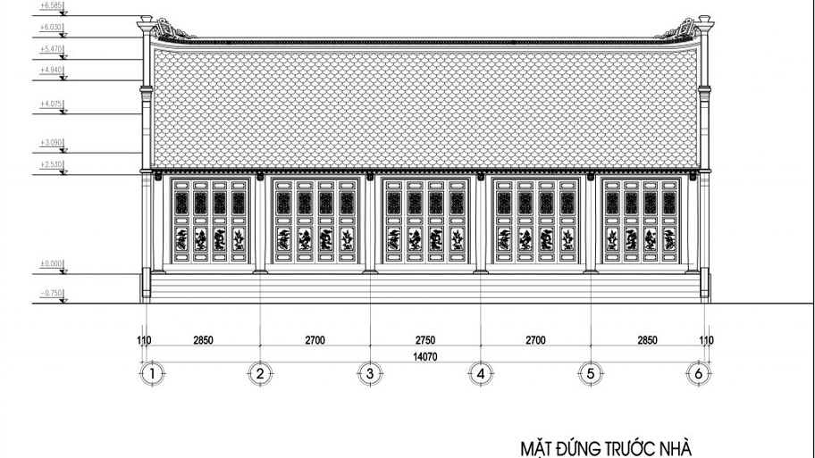 Bản vẽ mặt đứng nhà gỗ 5 gian