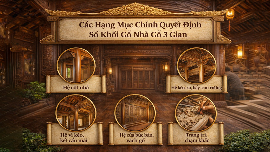 Các hạng mục quyết định số khối gỗ nhà gỗ 3 gian