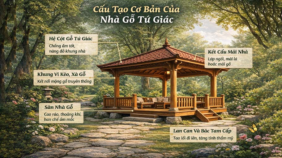 Cấu tạo cơ bản của nhà gỗ tứ giác