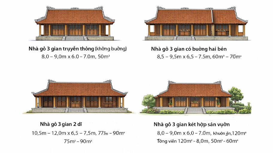 Diện tích tiêu chuẩn của một số kiểu nhà gỗ 3 gian