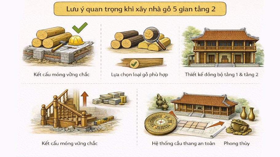 Lưu ý khi thi công nhà gỗ 5 gian tầng 2