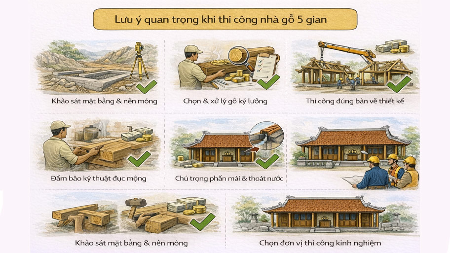 Lưu ý quan trọng thi công nhà gỗ 5 gian