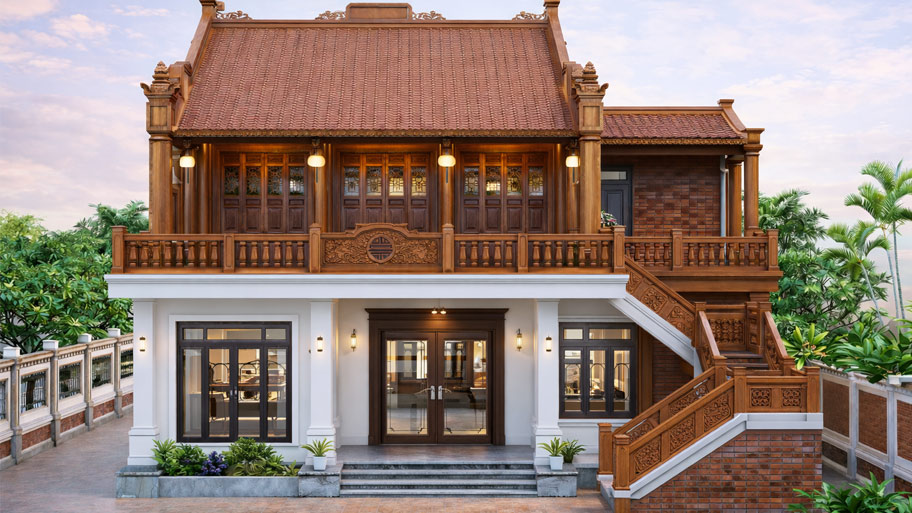 Mẫu nhà gỗ 3 gian nằm trên tầng 2 có chái