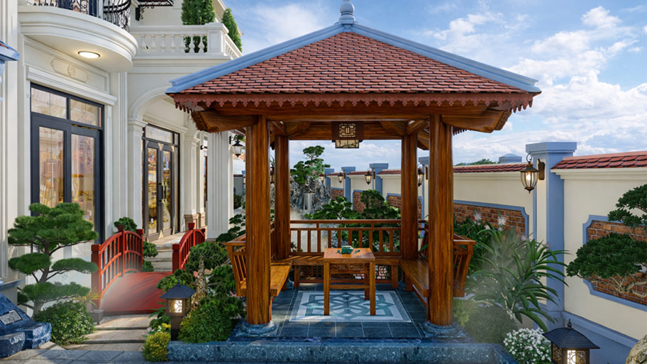 Nhà chòi gỗ tứ giác trong biệt thự