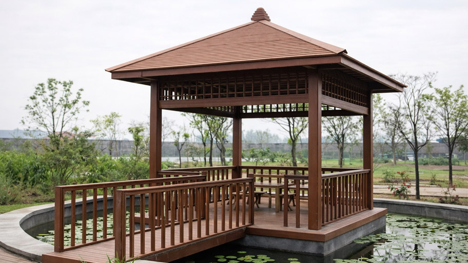 Nhà chòi gỗ tứ giác với không gian mở rộng