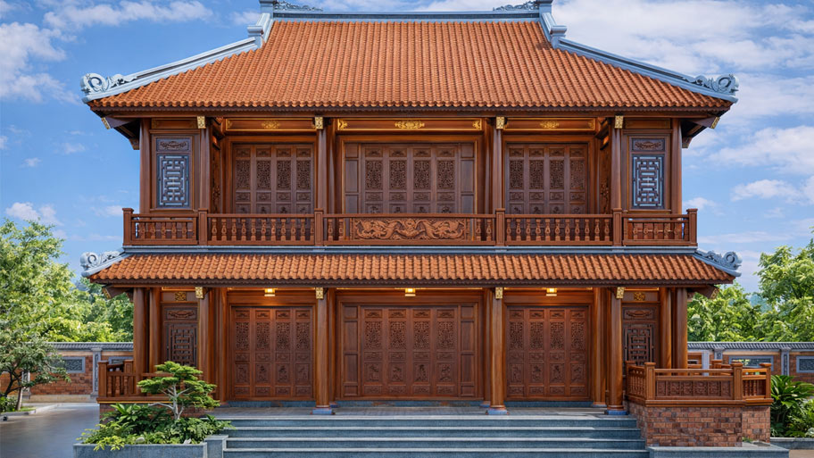 Nhà gỗ 3 gian 2 tầng 4 chái