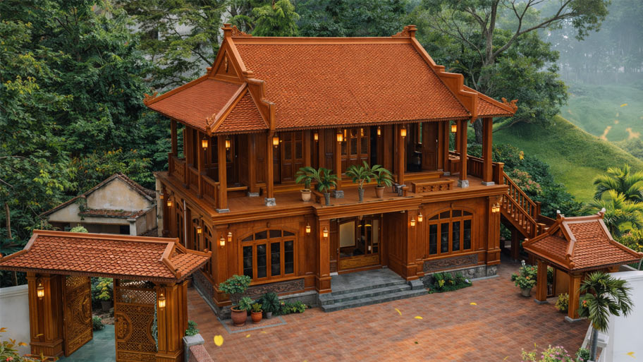 Nhà gỗ 3 gian 2 tầng có sân vườn