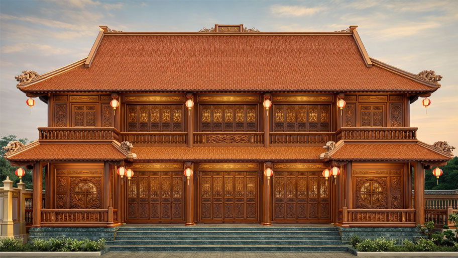 Nhà gỗ 3 gian 2 tầng đẹp mê ly