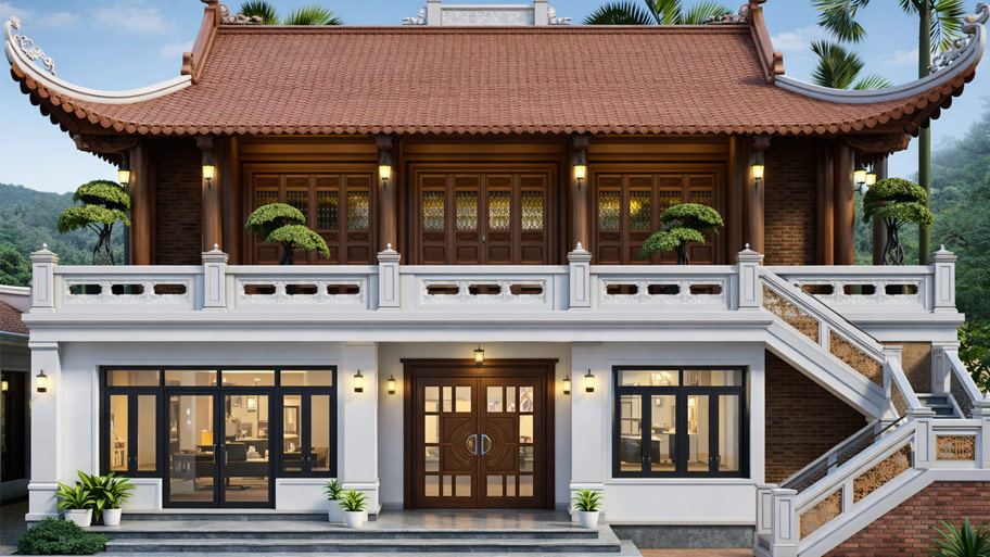 Nhà gỗ 3 gian tầng 2 đẹp độc đáo