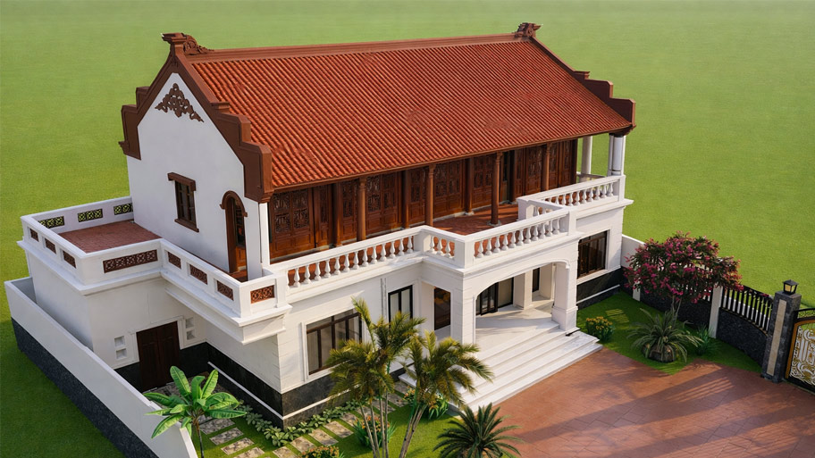 Nhà gỗ 5 gian tầng 2 có 2 dĩ
