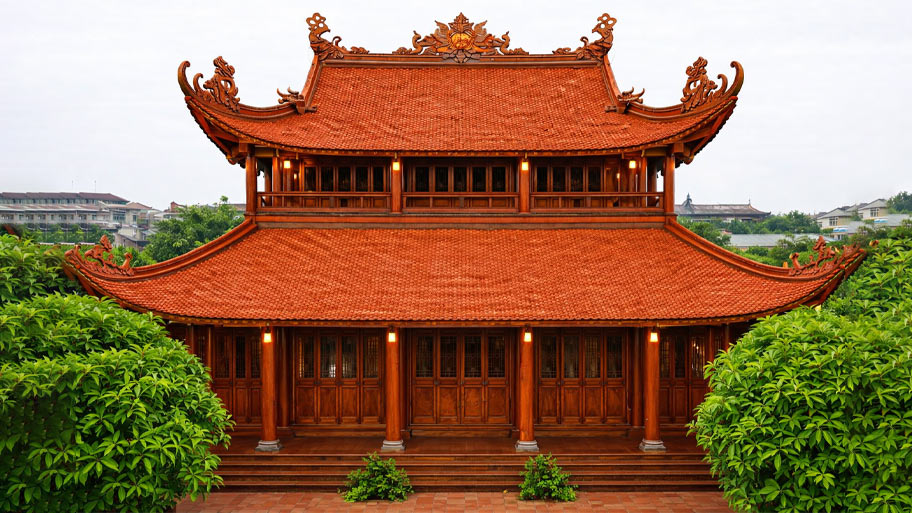 Nhà gỗ gõ đỏ 2 tầng mái đao