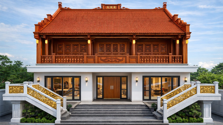 Nhà gỗ gõ đỏ 3 gian trên tầng 2