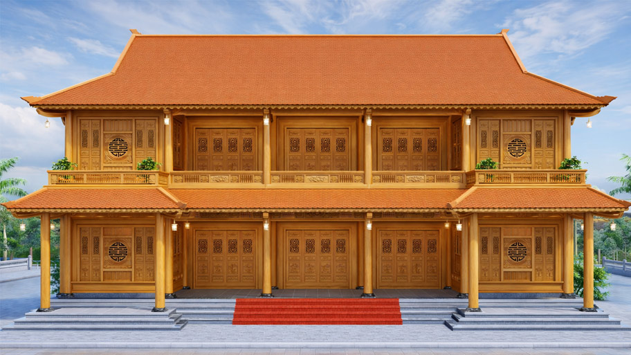 Nhà gỗ thông 3 gian 2 chái có 2 tầng