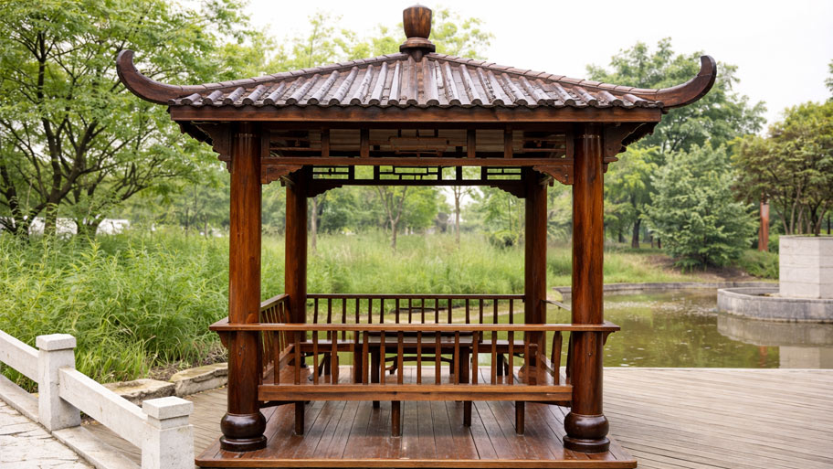 Nhà gỗ tứ giác bên hồ nước