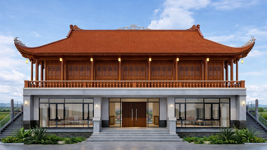 Nhà gỗ xoan 5 gian 2 chái trên tầng 2