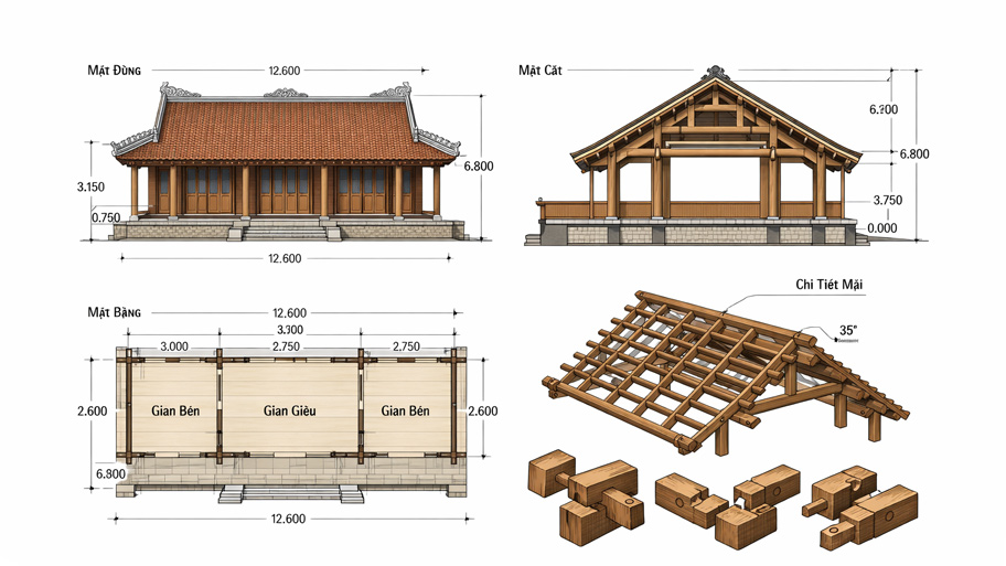 Nội dung thể hiện trong bản vẽ nhà gỗ 3 gian