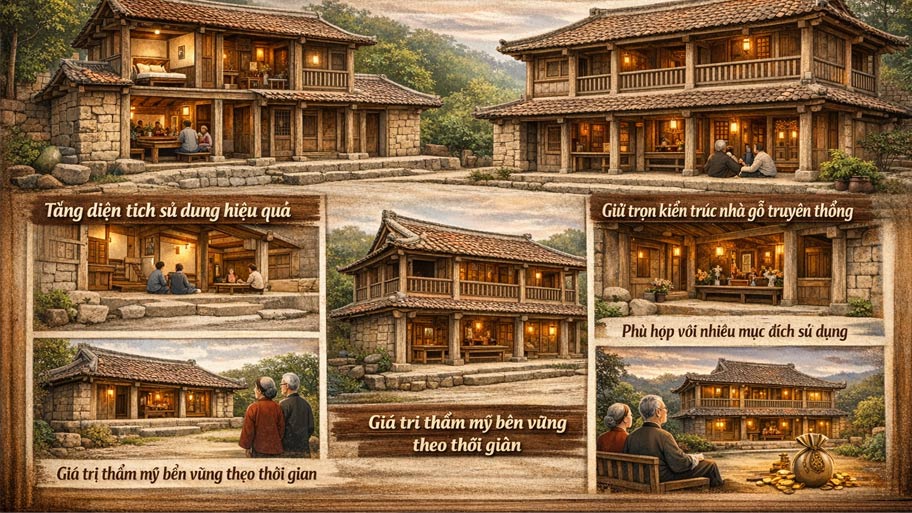 Ưu điểm của nhà gỗ 3 gian 2 tầng