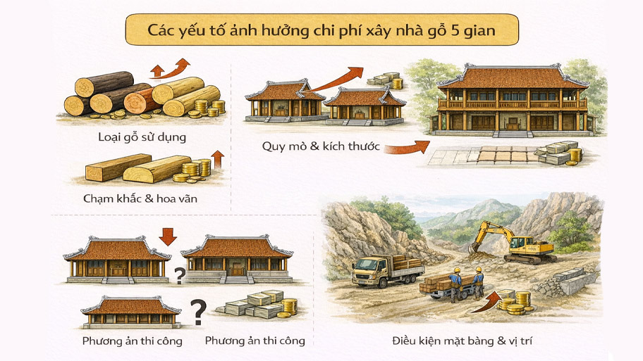 Yếu tố ảnh hưởng đến chi phí xây nhà gỗ 5 gian