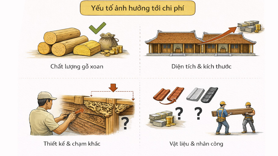 Yếu tố ảnh hưởng gia thi công nhà gỗ xoan 3 gian