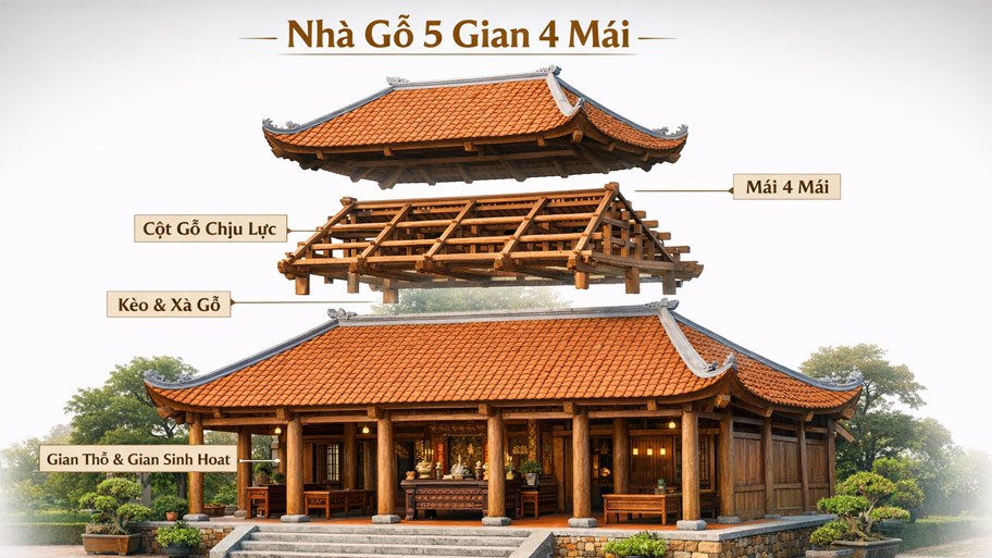 Cấu trúc của nhà gỗ 5 gian 4 mái