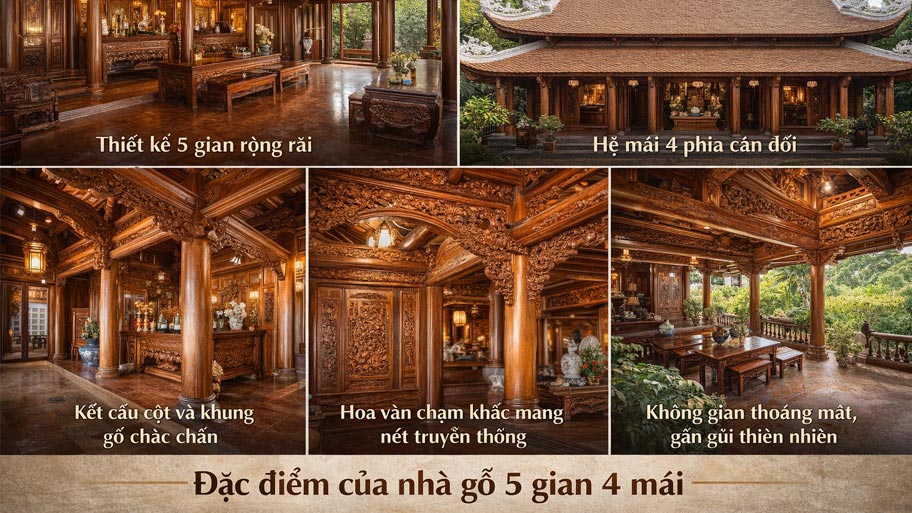 Đặc điểm của nhà gỗ 5 gian 4 mái