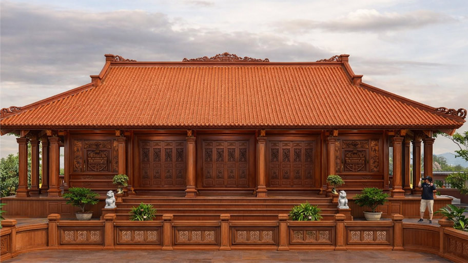 Nhà gỗ 5 gian 4 mái gỗ xoan