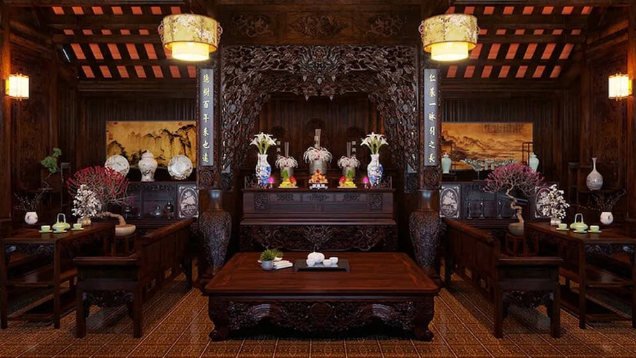 Mẫu bố trí nội thất phòng thờ trong nhà gỗ