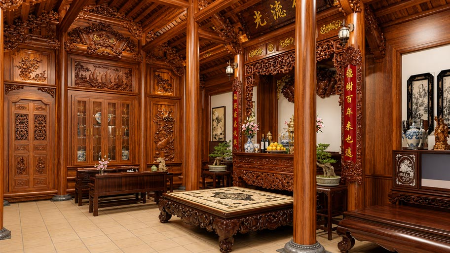 Nhà gỗ bố trí nội thất tối giản
